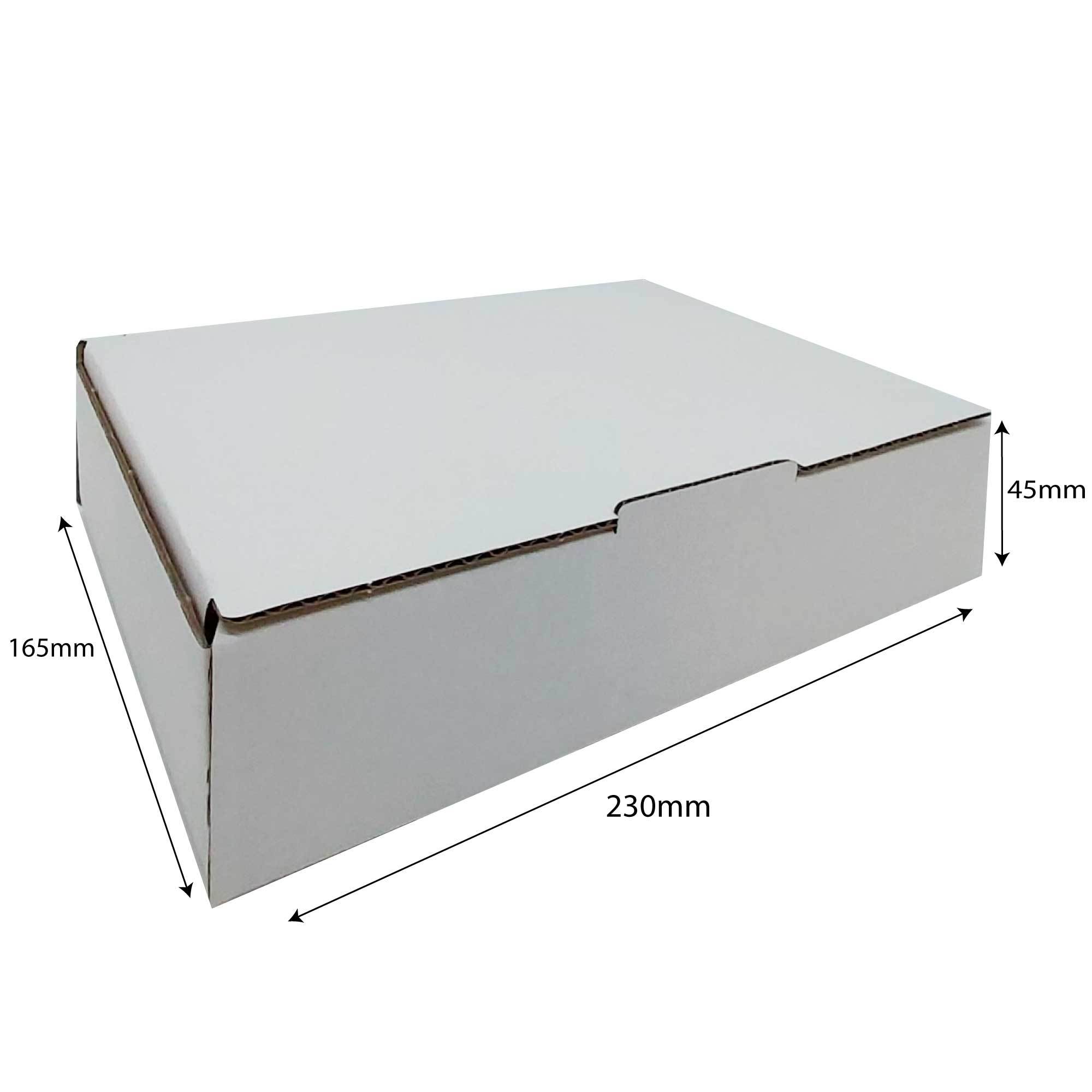 A stack of 40 white die-cut mailing boxes, each measuring 230x165x45 mm, ideal for shipping small items securely.