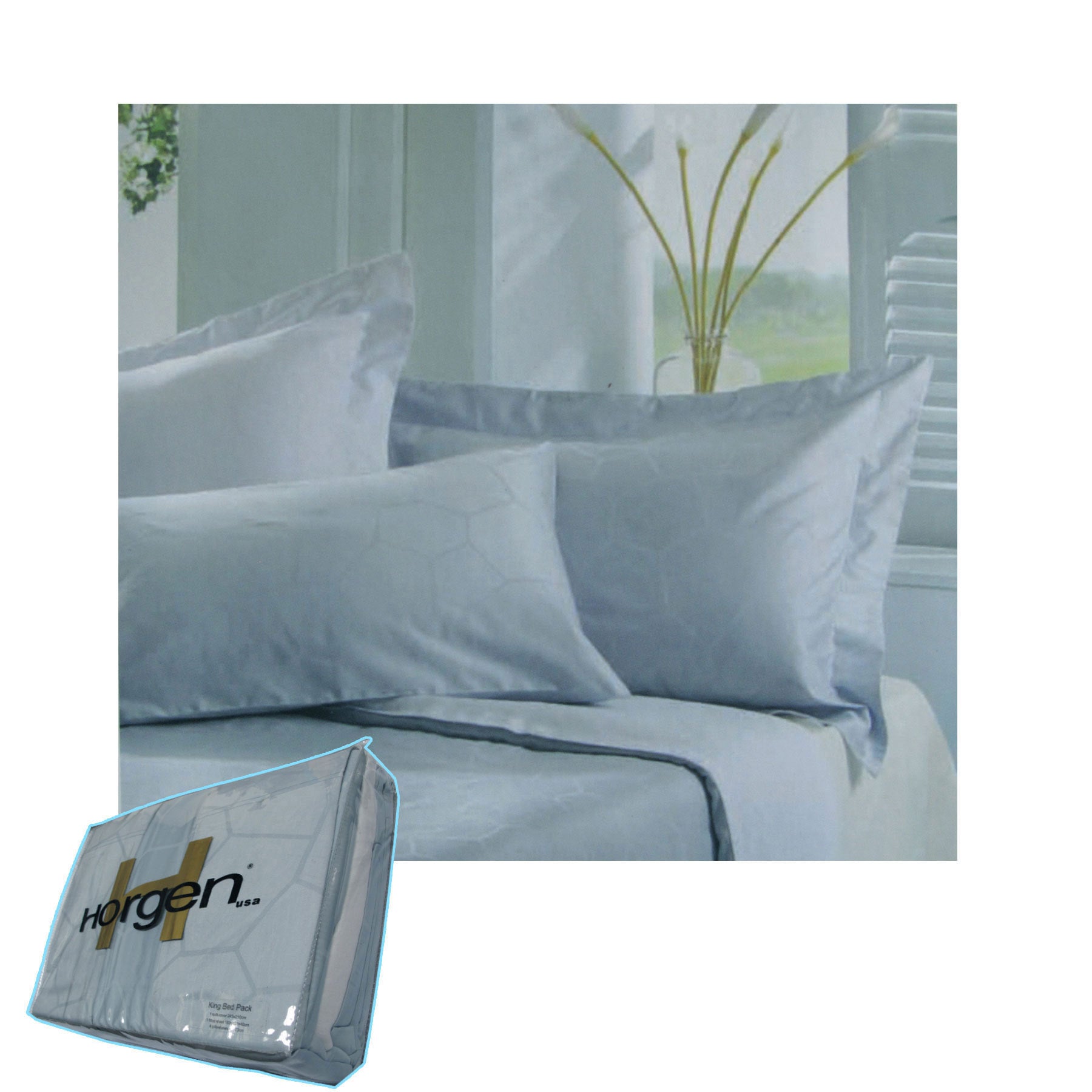 410TC Horgen Globoid Sky Bed Pack King featuring Jacquard motif on Sky Blue background with matching pillowcases and fitted sheet.