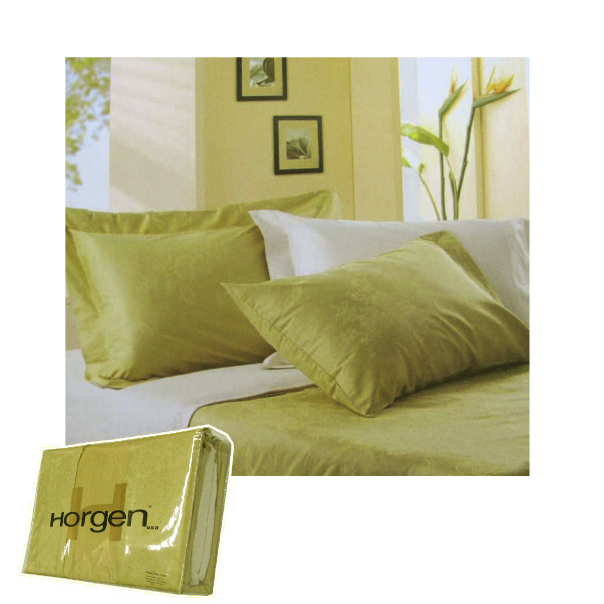 410TC Horgen Vinelet Green Bed Pack featuring floral jacquard design on lime green background, includes quilt cover, fitted sheet, and pillowcases.