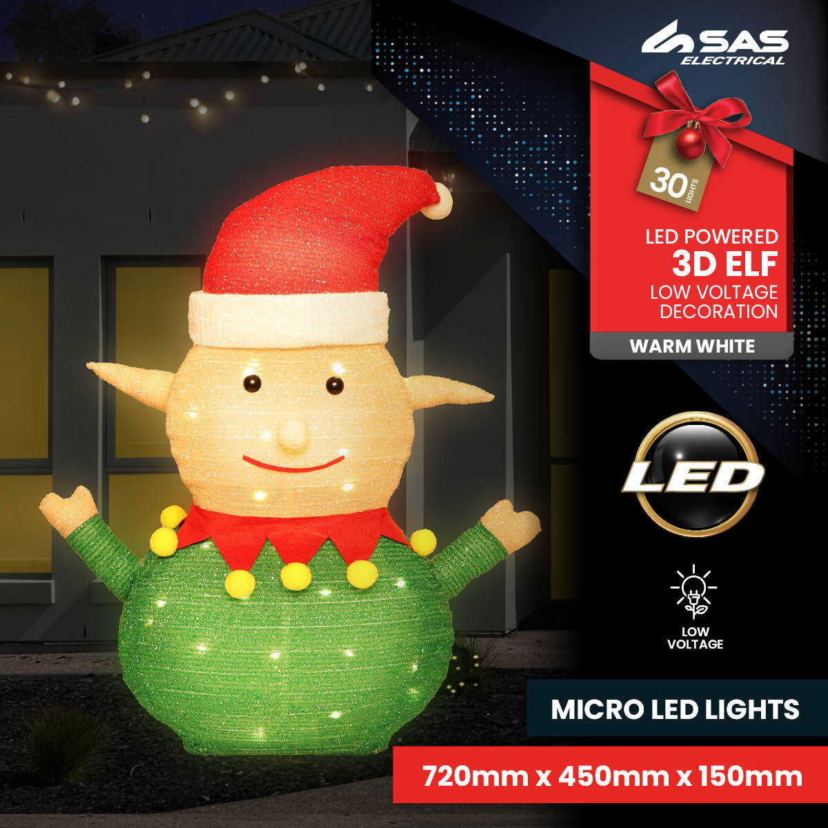 A charming 3D elf ornament illuminated with warm white LED lights, perfect for festive indoor and outdoor decoration.