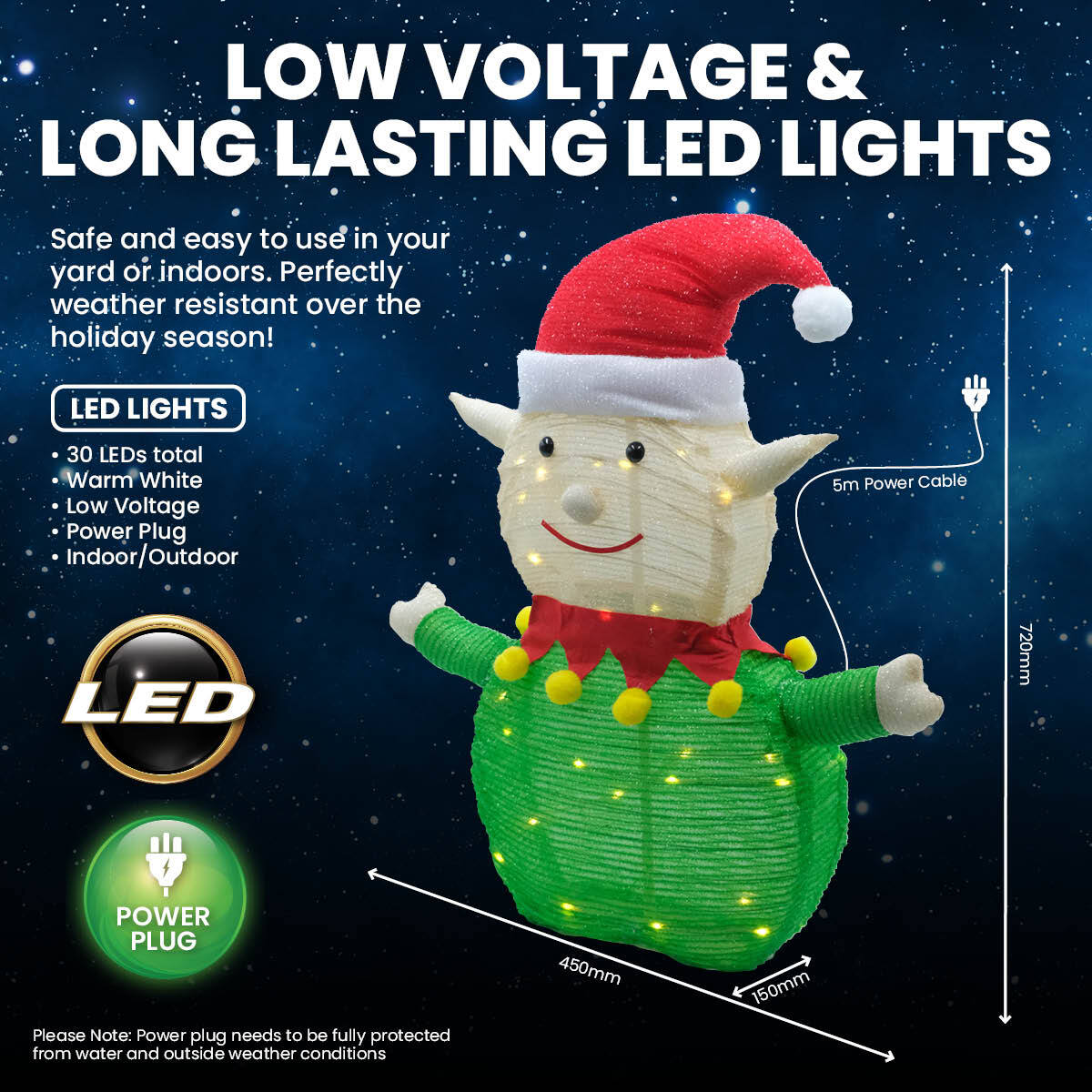 A charming 3D elf ornament illuminated with warm white LED lights, perfect for festive indoor and outdoor decoration.