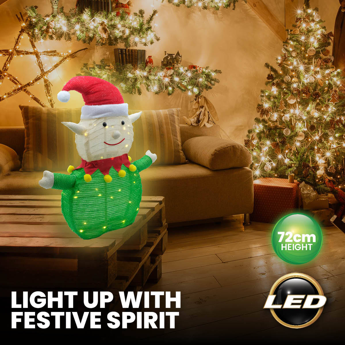 A charming 3D elf ornament illuminated with warm white LED lights, perfect for festive indoor and outdoor decoration.