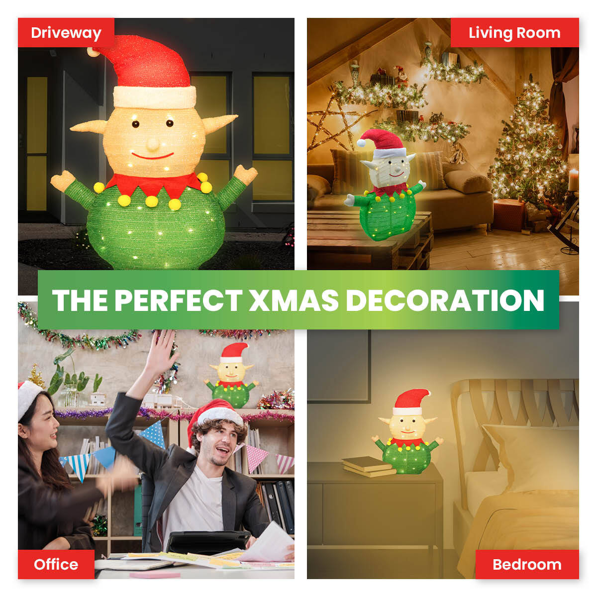 A charming 3D elf ornament illuminated with warm white LED lights, perfect for festive indoor and outdoor decoration.