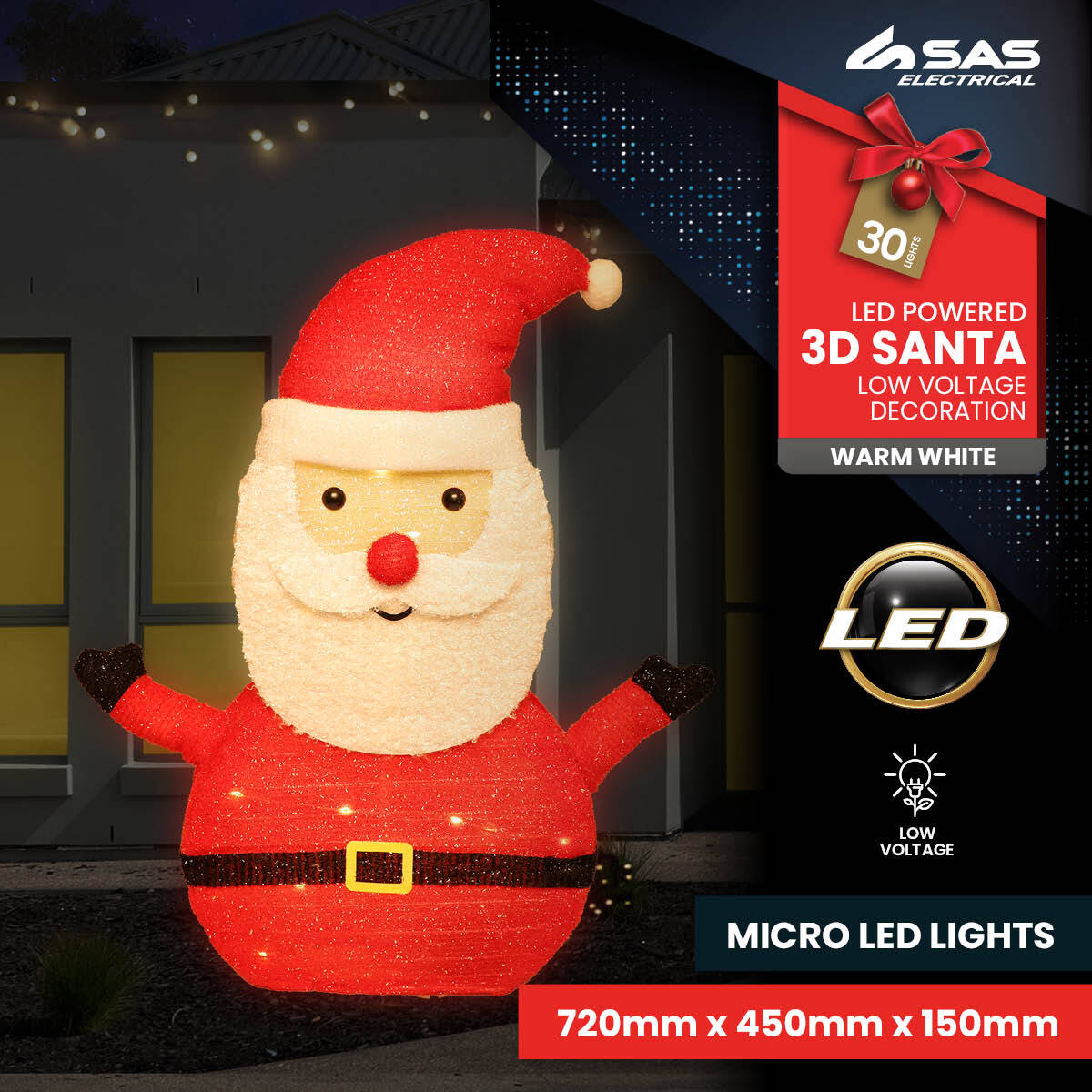 A large 3D Santa ornament illuminated with warm white LED lights, perfect for festive indoor and outdoor decoration.