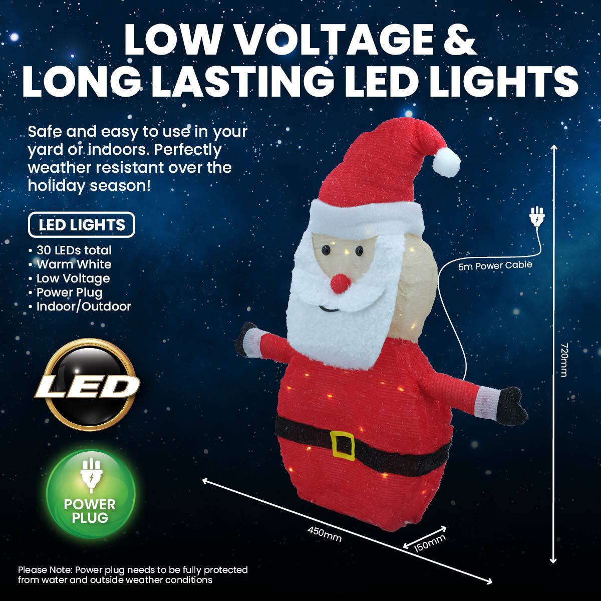 A large 3D Santa ornament illuminated with warm white LED lights, perfect for festive indoor and outdoor decoration.