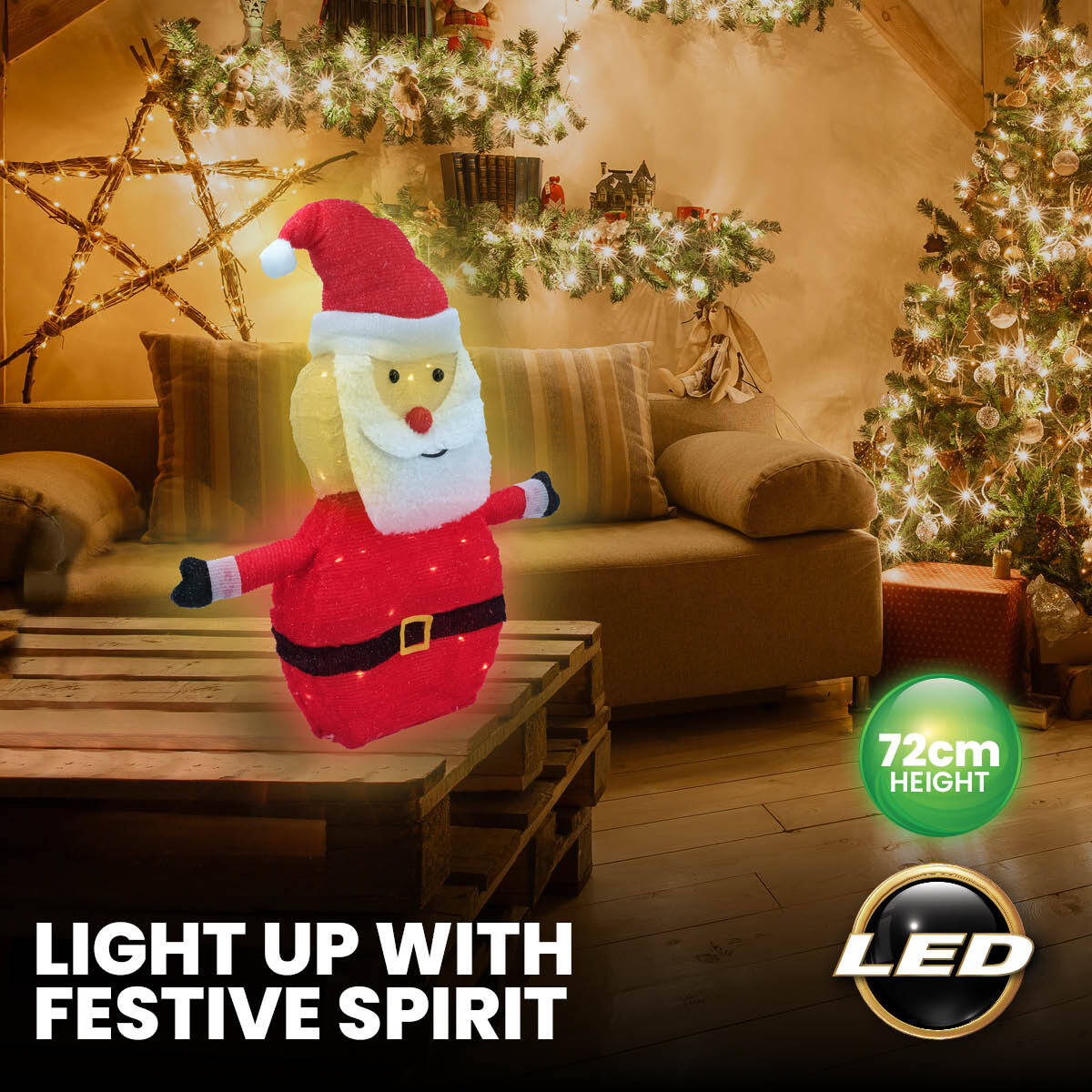 A large 3D Santa ornament illuminated with warm white LED lights, perfect for festive indoor and outdoor decoration.