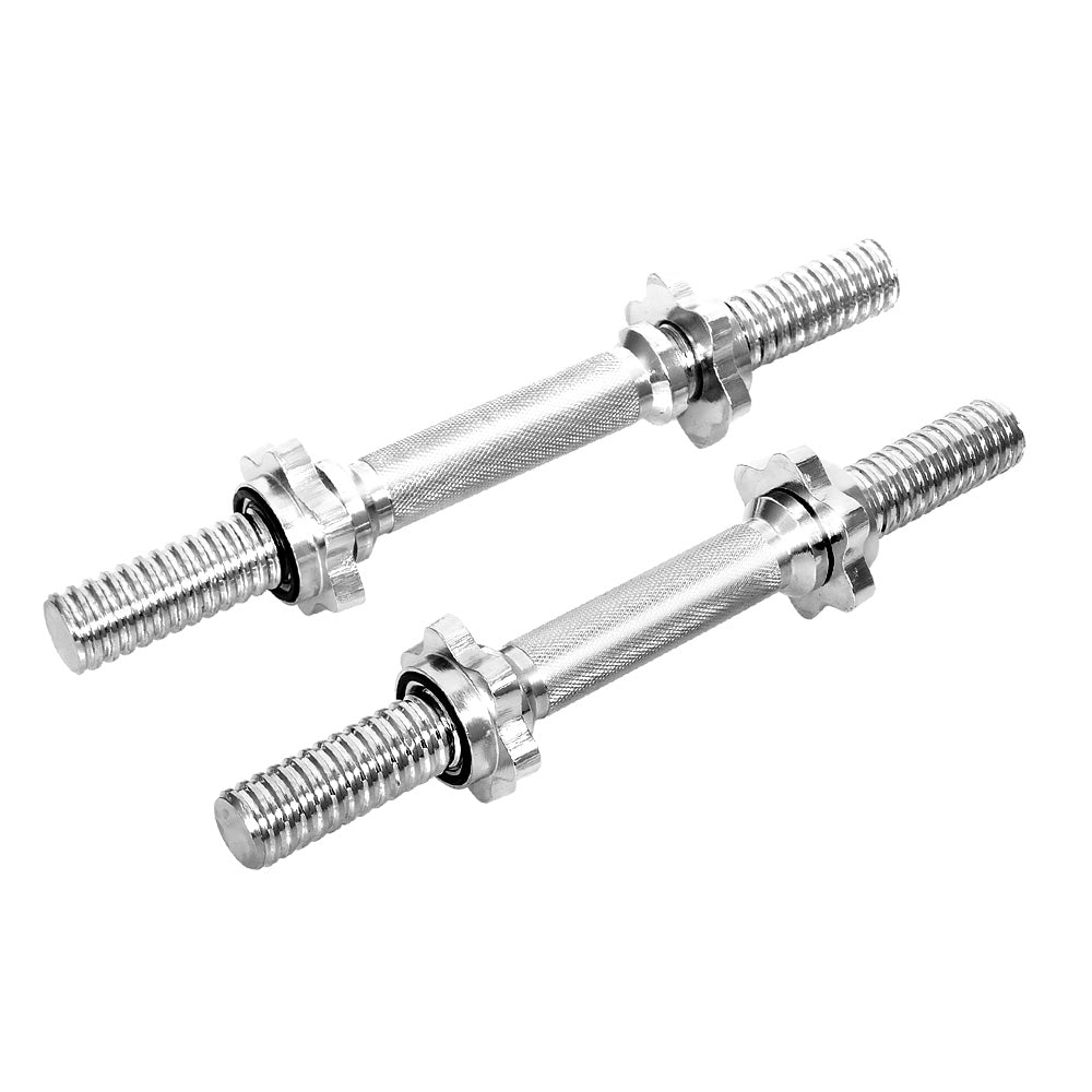 A pair of 45cm solid steel dumbbell bars with chrome plating, showcasing their knurling design and included spring collars.