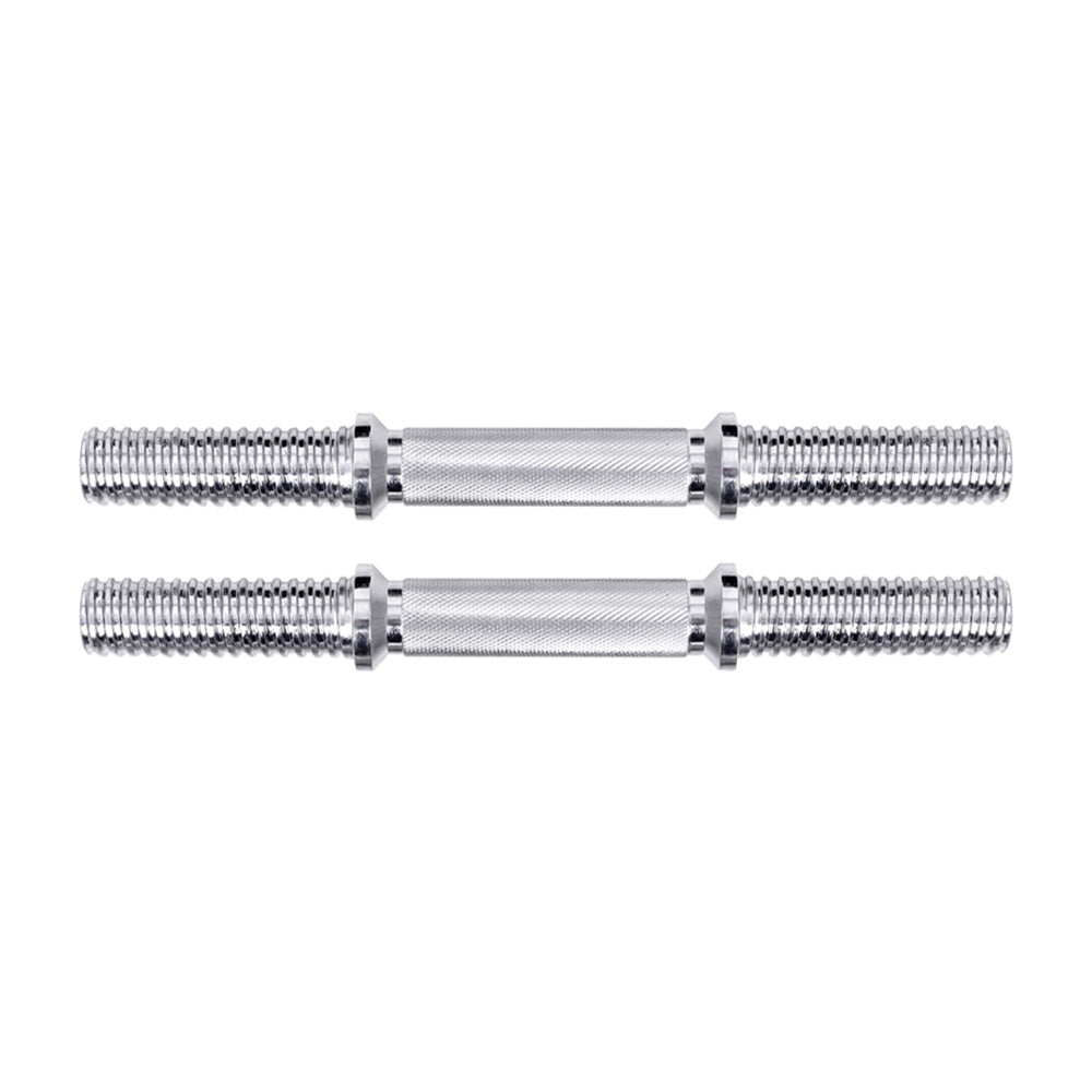 A pair of 45cm solid steel dumbbell bars with chrome plating, showcasing their knurling design and included spring collars.