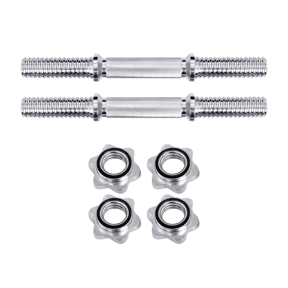 A pair of 45cm solid steel dumbbell bars with chrome plating, showcasing their knurling design and included spring collars.