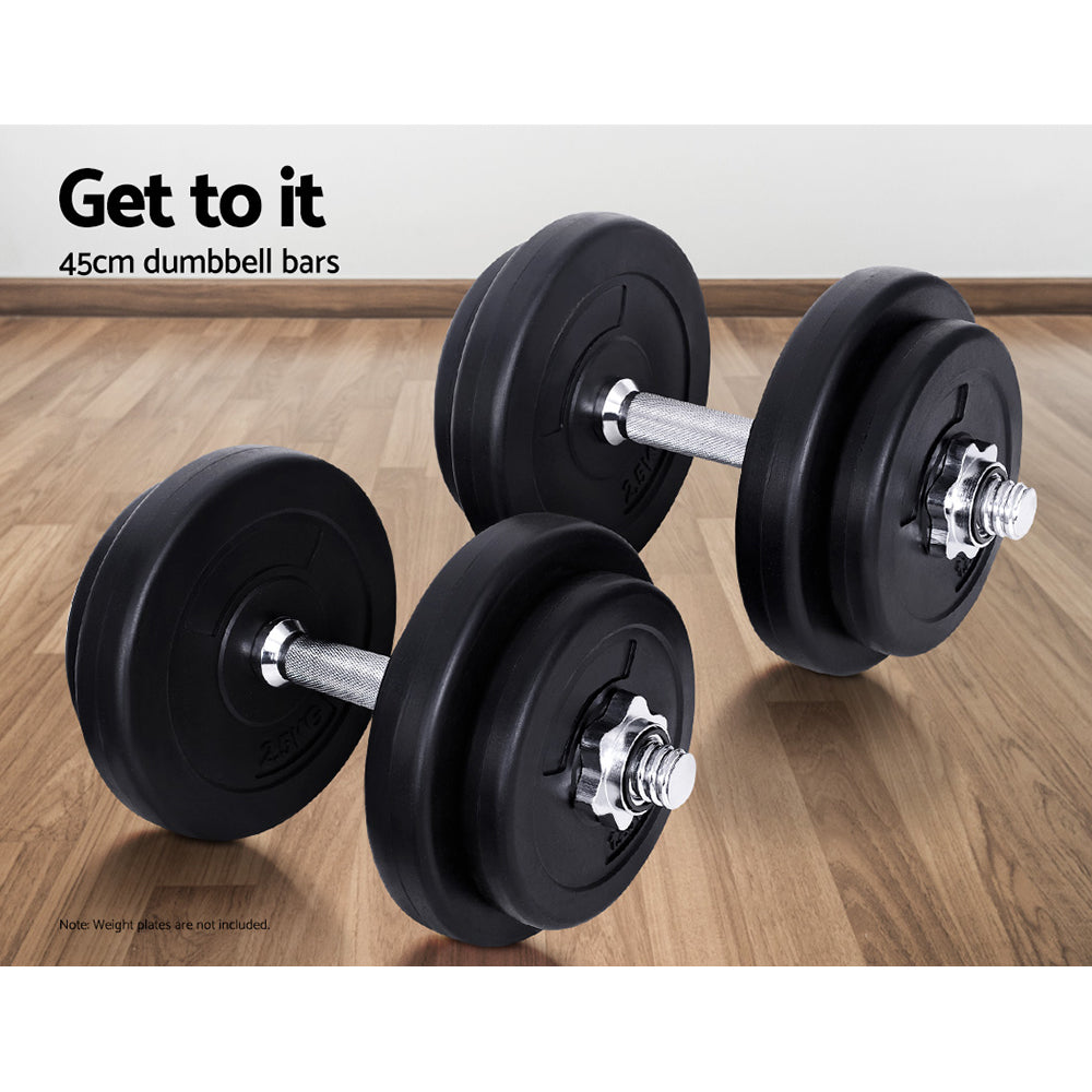 A pair of 45cm solid steel dumbbell bars with chrome plating, showcasing their knurling design and included spring collars.