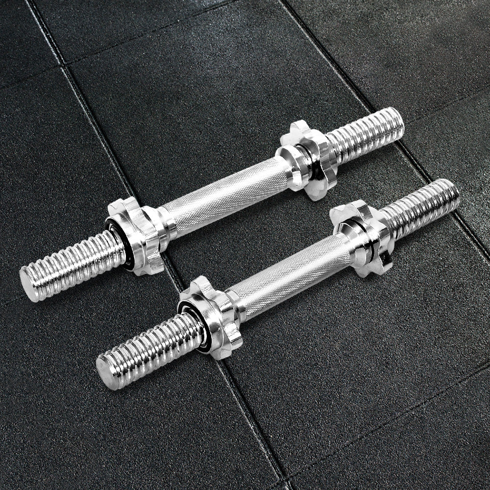 A pair of 45cm solid steel dumbbell bars with chrome plating, showcasing their knurling design and included spring collars.