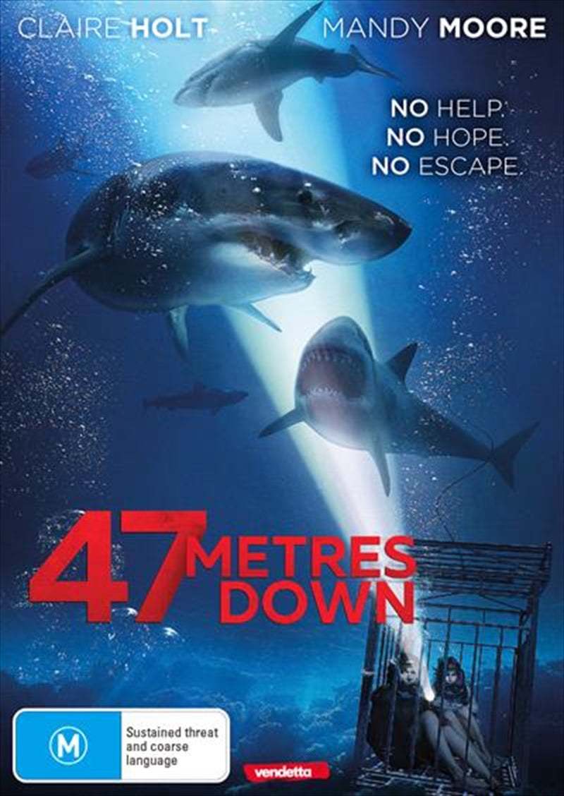 Cover of 47 Metres Down DVD featuring two sisters in a shark cage underwater, surrounded by great white sharks.