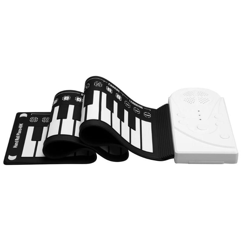 A portable 49 keys flexible piano synthesizer, showcasing its roll-up design and silicone keys, perfect for music enthusiasts.