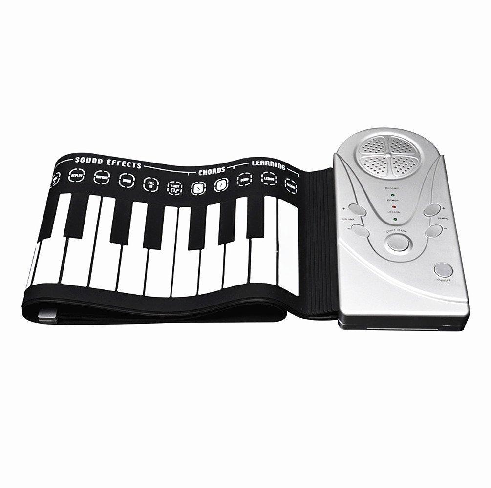 A portable 49 keys flexible piano synthesizer, showcasing its roll-up design and silicone keys, perfect for music enthusiasts.