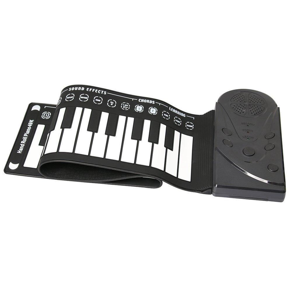 A portable 49 keys flexible piano synthesizer, showcasing its roll-up design and silicone keys, perfect for music enthusiasts.