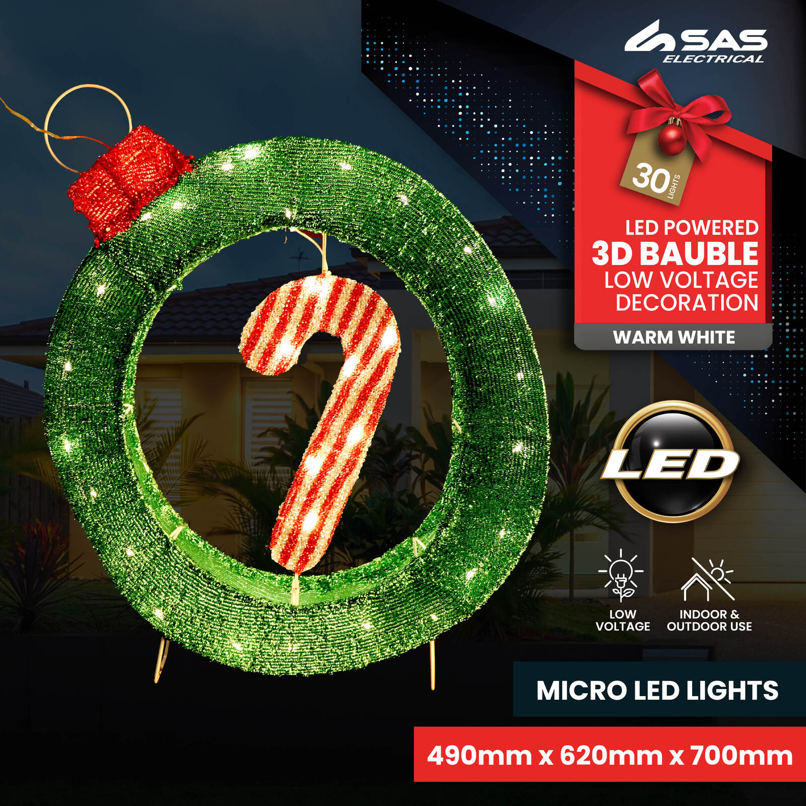 A 3D bauble and candy cane display illuminated with warm white micro LED lights, perfect for festive indoor and outdoor decoration.