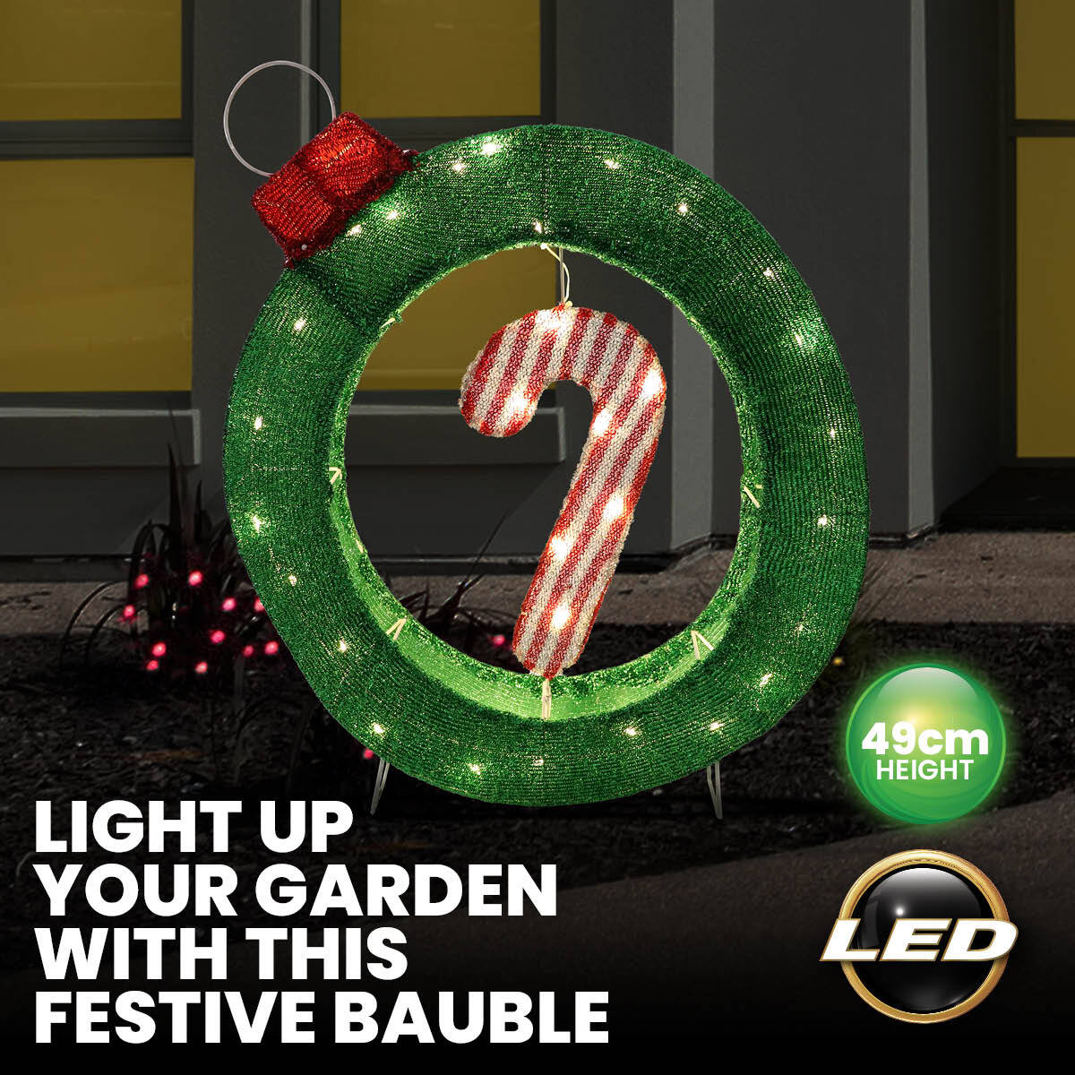 A 3D bauble and candy cane display illuminated with warm white micro LED lights, perfect for festive indoor and outdoor decoration.