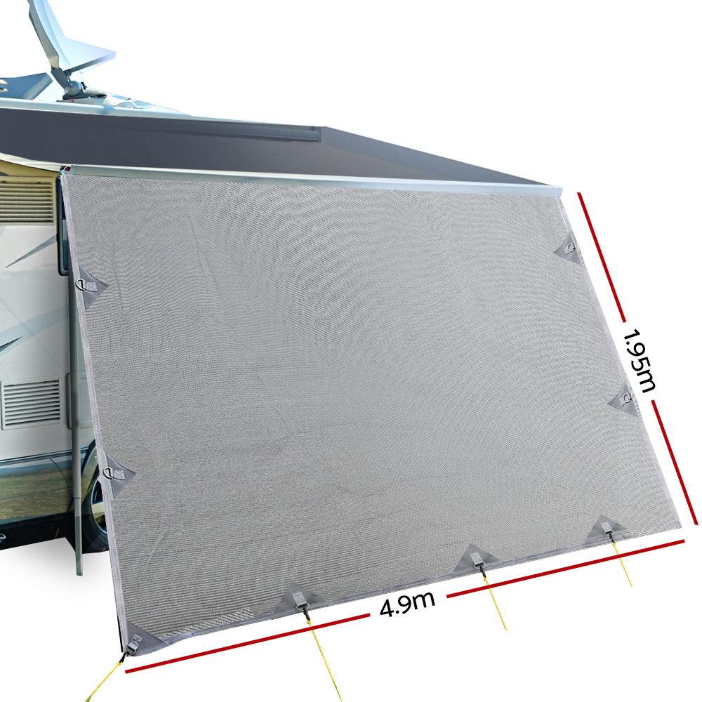 4.9M Caravan Privacy Screen in grey, showcasing its durable fabric and easy attachment to a caravan awning.