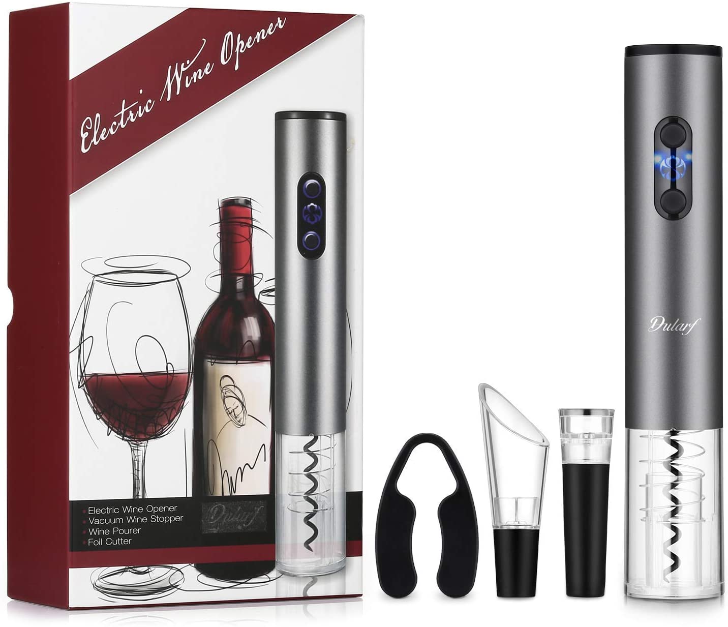 4-in-1 Electric Wine Corkscrew Set including opener, foil cutter, aerator, and vacuum stopper in a sleek design.