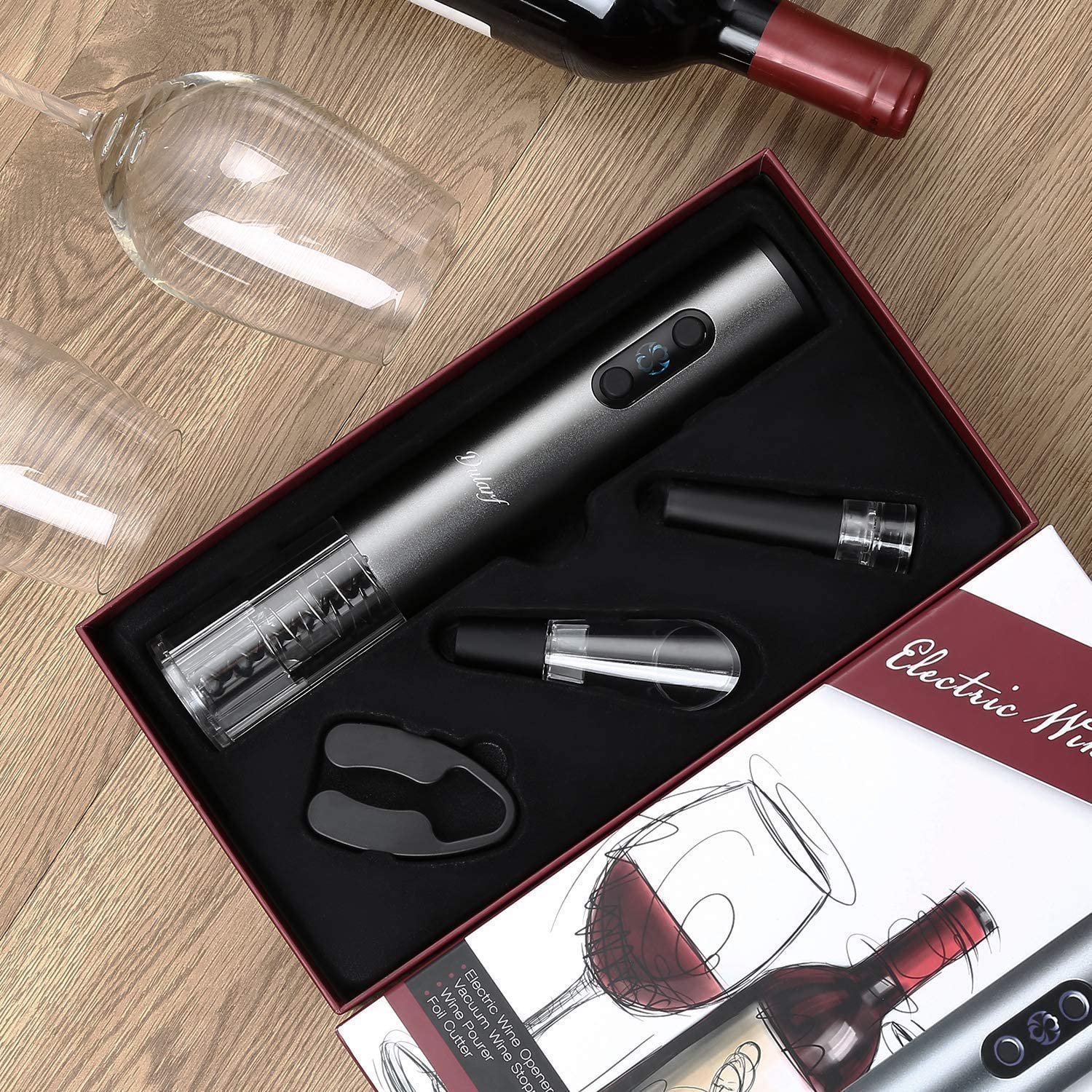 4-in-1 Electric Wine Corkscrew Set including opener, foil cutter, aerator, and vacuum stopper in a sleek design.