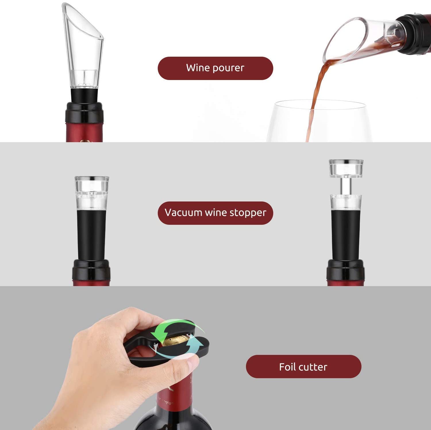 4-in-1 Electric Wine Corkscrew Set including opener, foil cutter, aerator, and vacuum stopper in a sleek design.