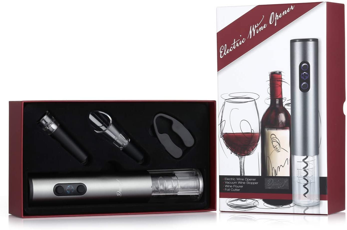 4-in-1 Electric Wine Corkscrew Set including opener, foil cutter, aerator, and vacuum stopper in a sleek design.