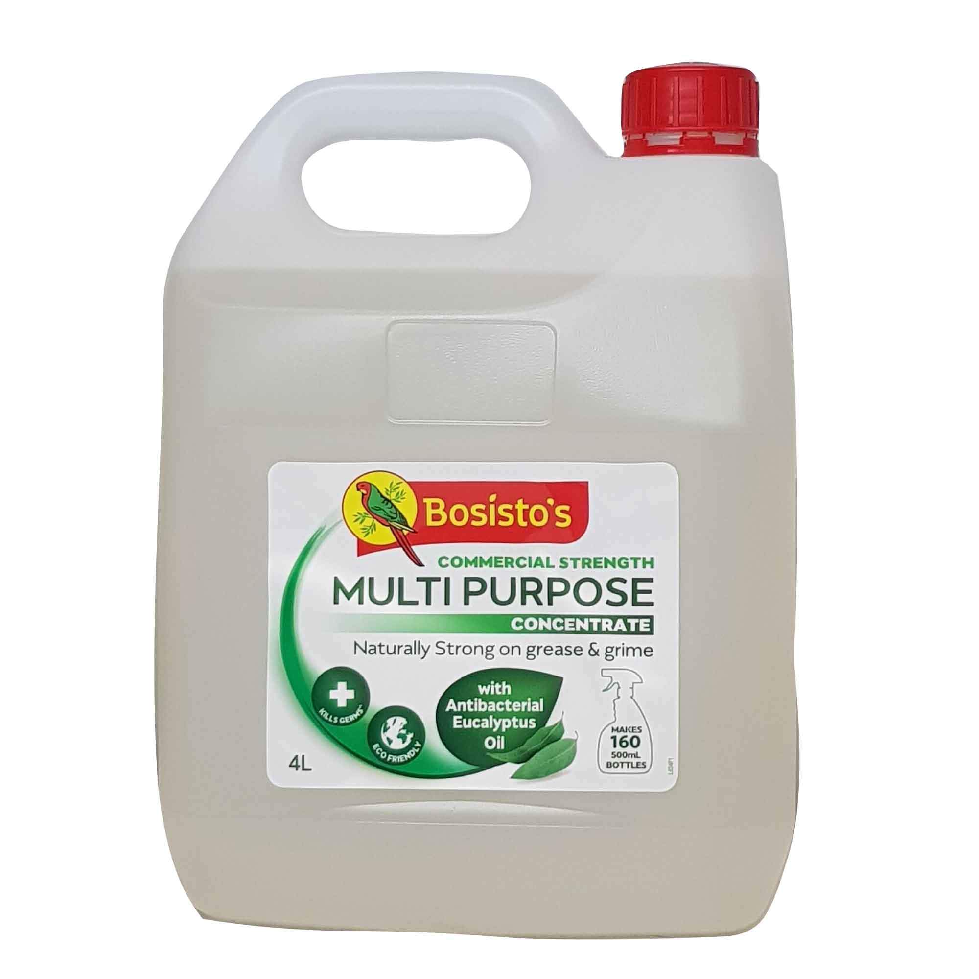 4L bottle of Bosisto's Commercial Strength Multipurpose Cleaner with eucalyptus oil, featuring a fresh bushland fragrance and eco-friendly label.