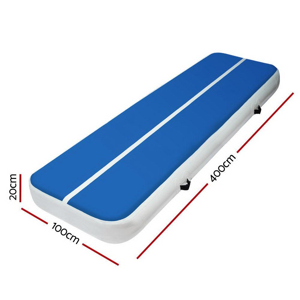 4m x 1m inflatable air track mat in blue and white, showcasing its thickness and durable fabric construction, ideal for gymnastics and tumbling.