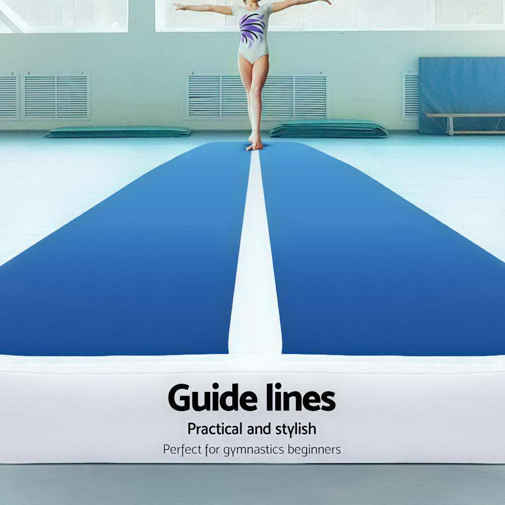 4m x 1m inflatable air track mat in blue and white, showcasing its thickness and durable fabric construction, ideal for gymnastics and tumbling.