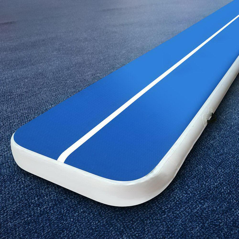 4m x 1m inflatable air track mat in blue and white, showcasing its thickness and durable fabric construction, ideal for gymnastics and tumbling.