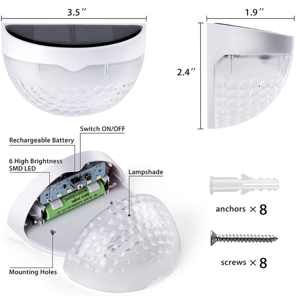 Four solar powered LED wall lights made of stainless steel, designed for outdoor use, illuminating pathways and gardens.