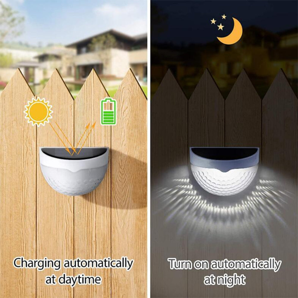 Four solar powered LED wall lights made of stainless steel, designed for outdoor use, illuminating pathways and gardens.