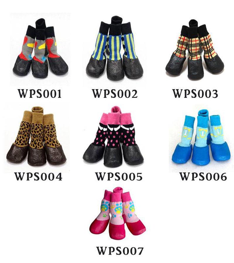 A set of four high-quality pet snow boots in various colors and patterns, designed for large and small dogs, showcasing their waterproof and non-slip features.