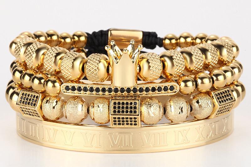 Luxury gold crown men bracelet made of 316L stainless steel, showcasing elegant design and adjustable size.