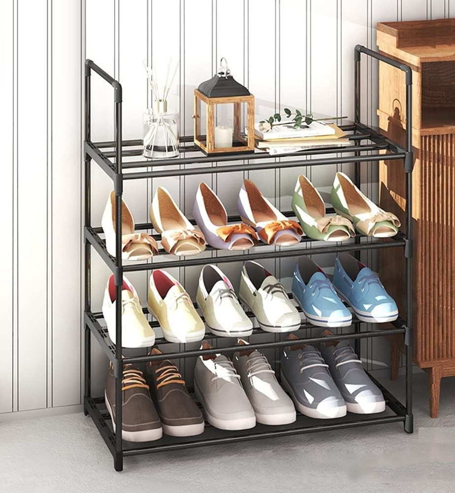 4-Tier Stainless Steel Shoe Rack in black, holding multiple pairs of shoes, showcasing its sturdy design and space-saving features.