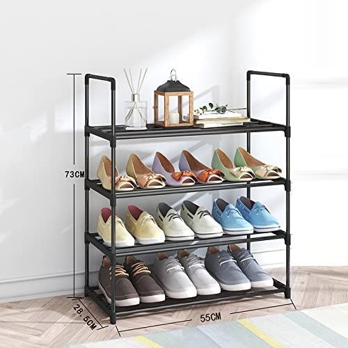 4-Tier Stainless Steel Shoe Rack in black, holding multiple pairs of shoes, showcasing its sturdy design and space-saving features.