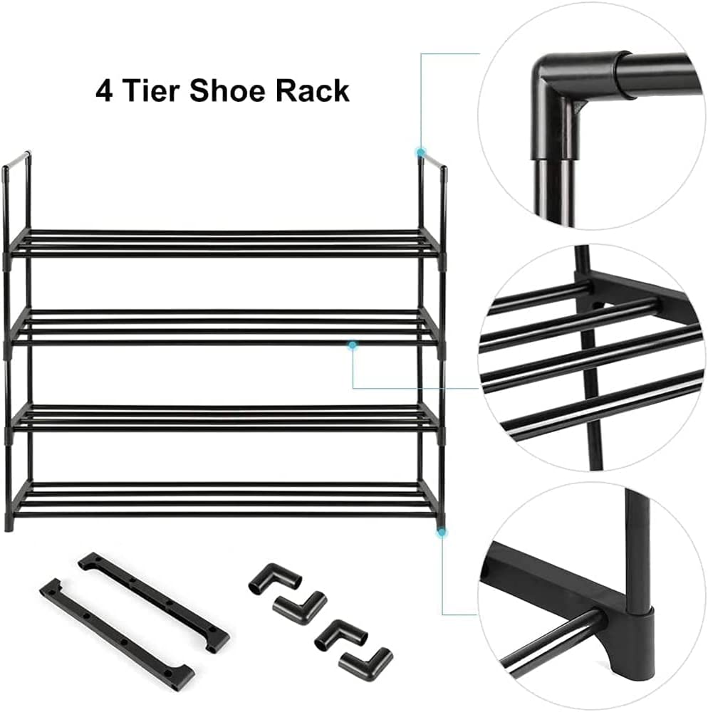 4-Tier Stainless Steel Shoe Rack in black, holding multiple pairs of shoes, showcasing its sturdy design and space-saving features.