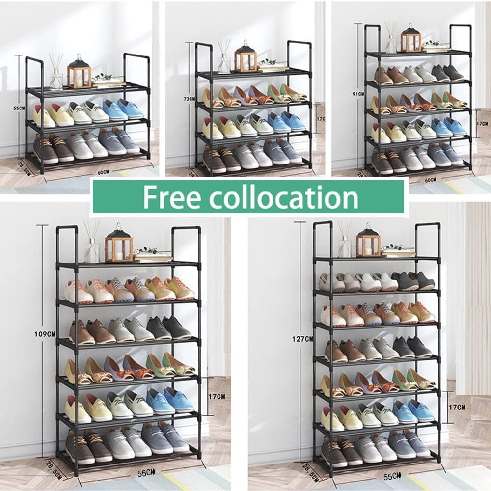 4-Tier Stainless Steel Shoe Rack in black, holding multiple pairs of shoes, showcasing its sturdy design and space-saving features.