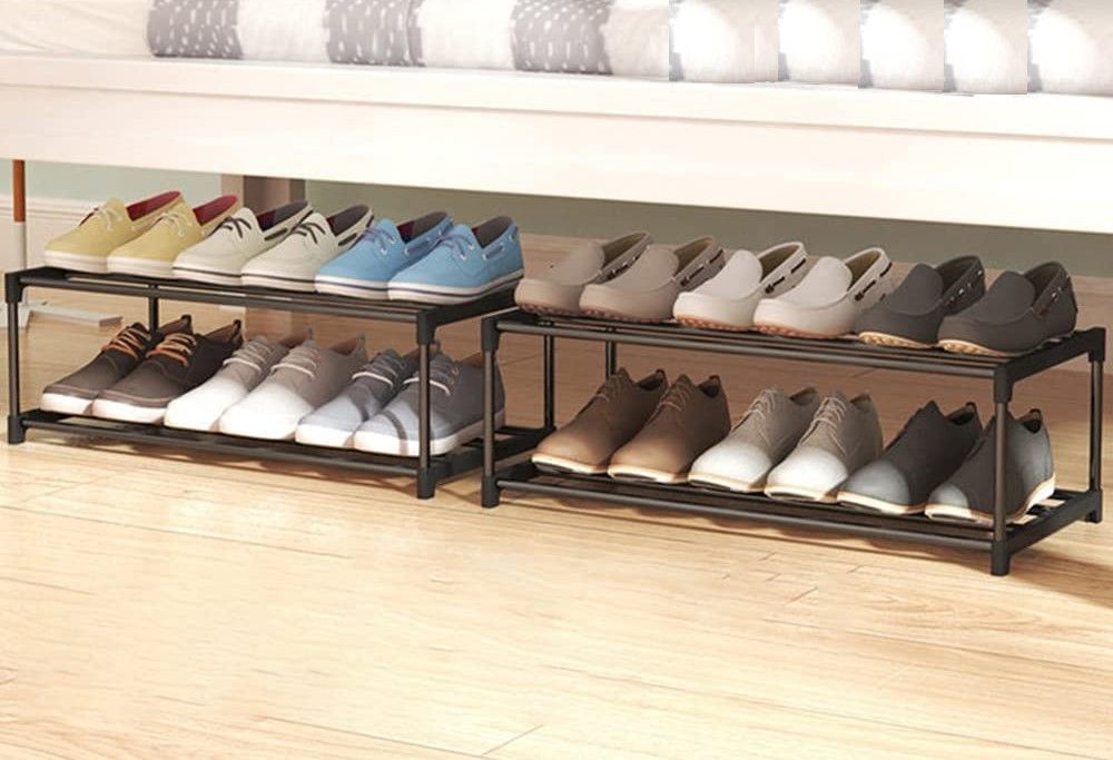 4-Tier Stainless Steel Shoe Rack in black, holding multiple pairs of shoes, showcasing its sturdy design and space-saving features.