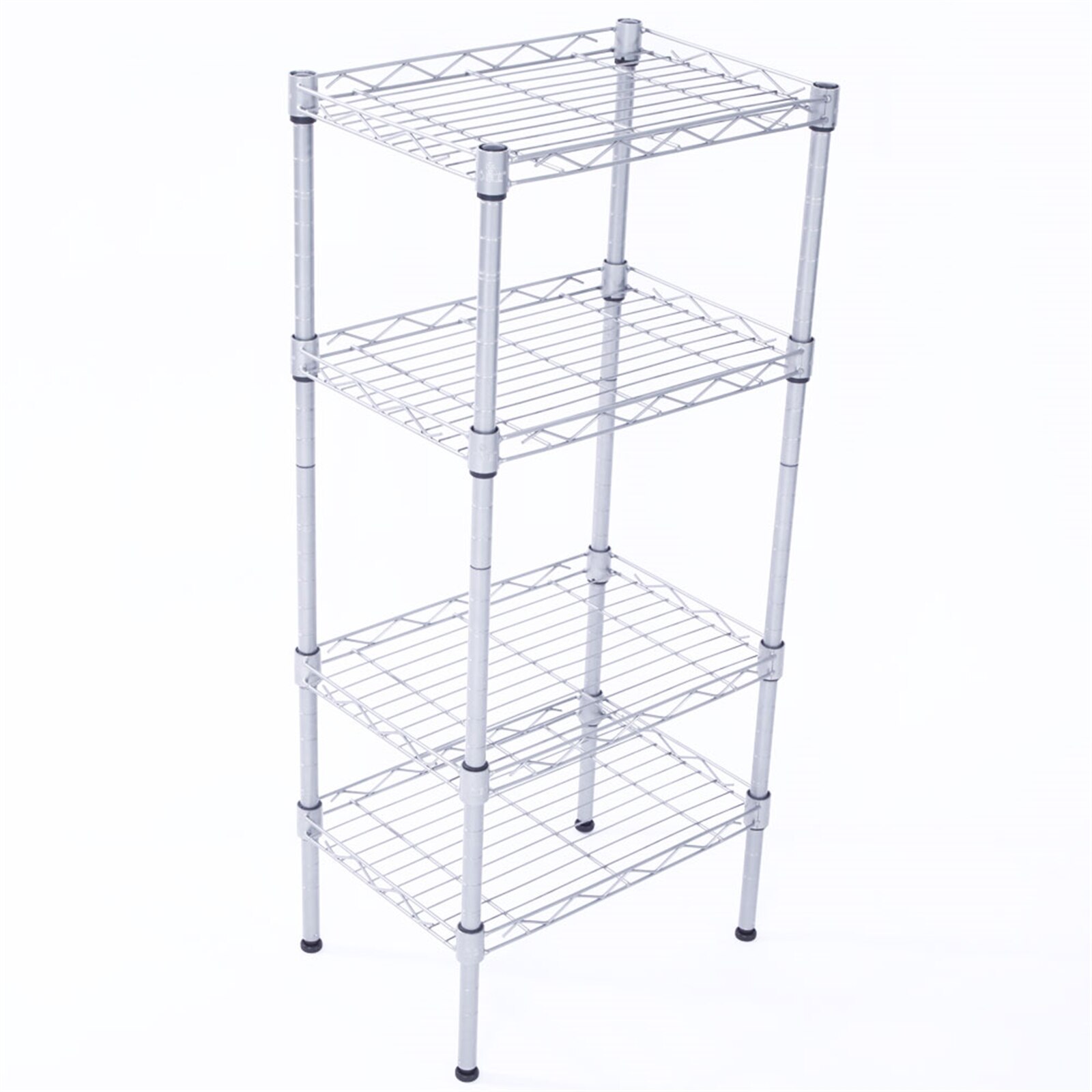 4-Tier Wire Shelving Unit in silver-gray, showcasing adjustable metal shelves for kitchen storage.