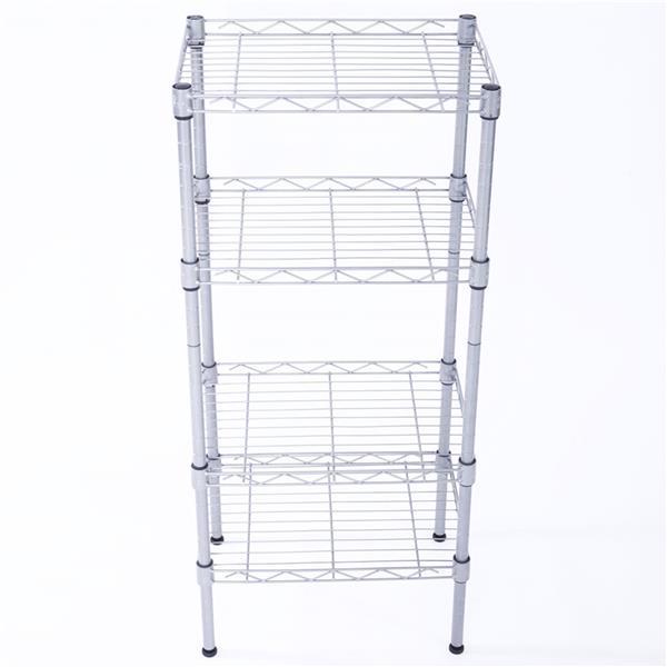 4-Tier Wire Shelving Unit in silver-gray, showcasing adjustable metal shelves for kitchen storage.