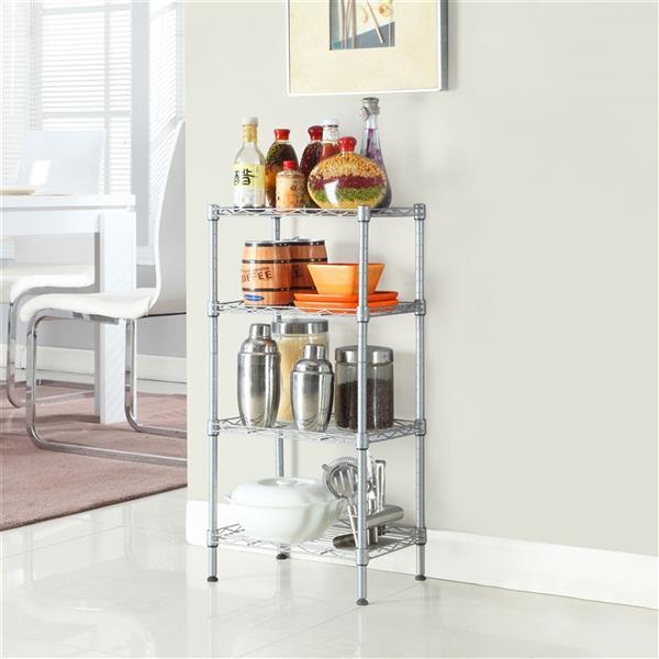 4-Tier Wire Shelving Unit in silver-gray, showcasing adjustable metal shelves for kitchen storage.