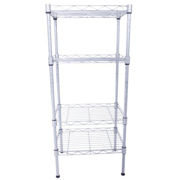 4-Tier Wire Shelving Unit in silver-gray, showcasing adjustable metal shelves for kitchen storage.