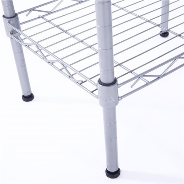 4-Tier Wire Shelving Unit in silver-gray, showcasing adjustable metal shelves for kitchen storage.