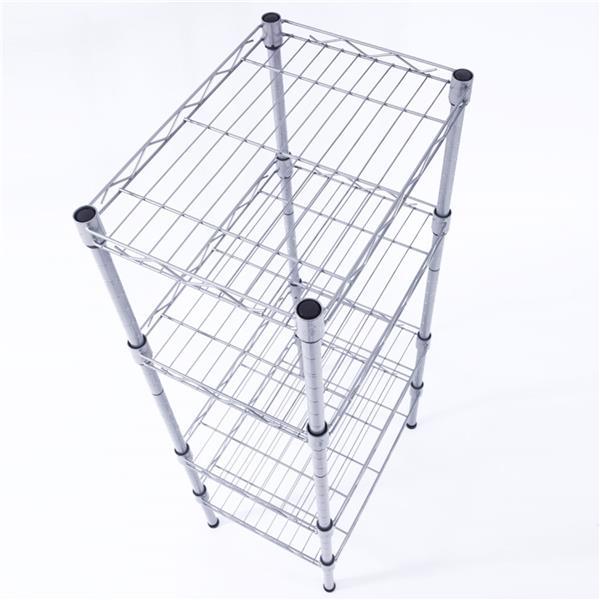 4-Tier Wire Shelving Unit in silver-gray, showcasing adjustable metal shelves for kitchen storage.