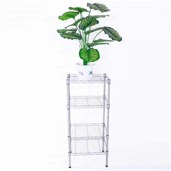 4-Tier Wire Shelving Unit in silver-gray, showcasing adjustable metal shelves for kitchen storage.