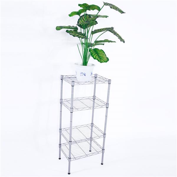 4-Tier Wire Shelving Unit in silver-gray, showcasing adjustable metal shelves for kitchen storage.