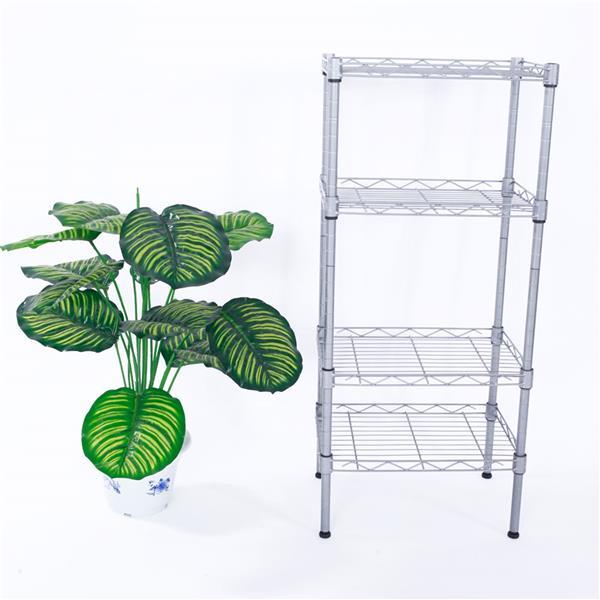 4-Tier Wire Shelving Unit in silver-gray, showcasing adjustable metal shelves for kitchen storage.