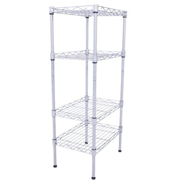 4-Tier Wire Shelving Unit in silver-gray, showcasing adjustable metal shelves for kitchen storage.