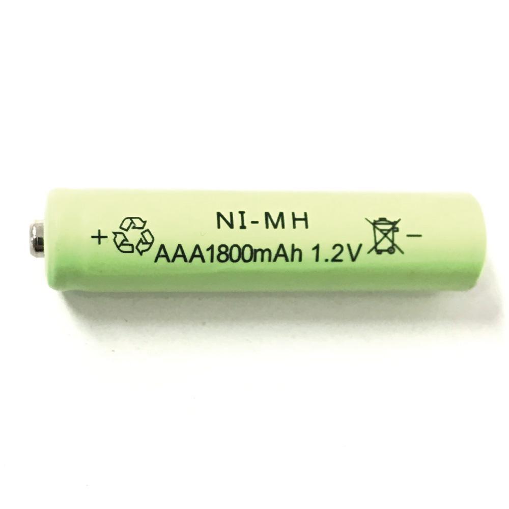 Four green AAA rechargeable Ni-MH batteries with 1800 mAh capacity, ideal for high drain devices.